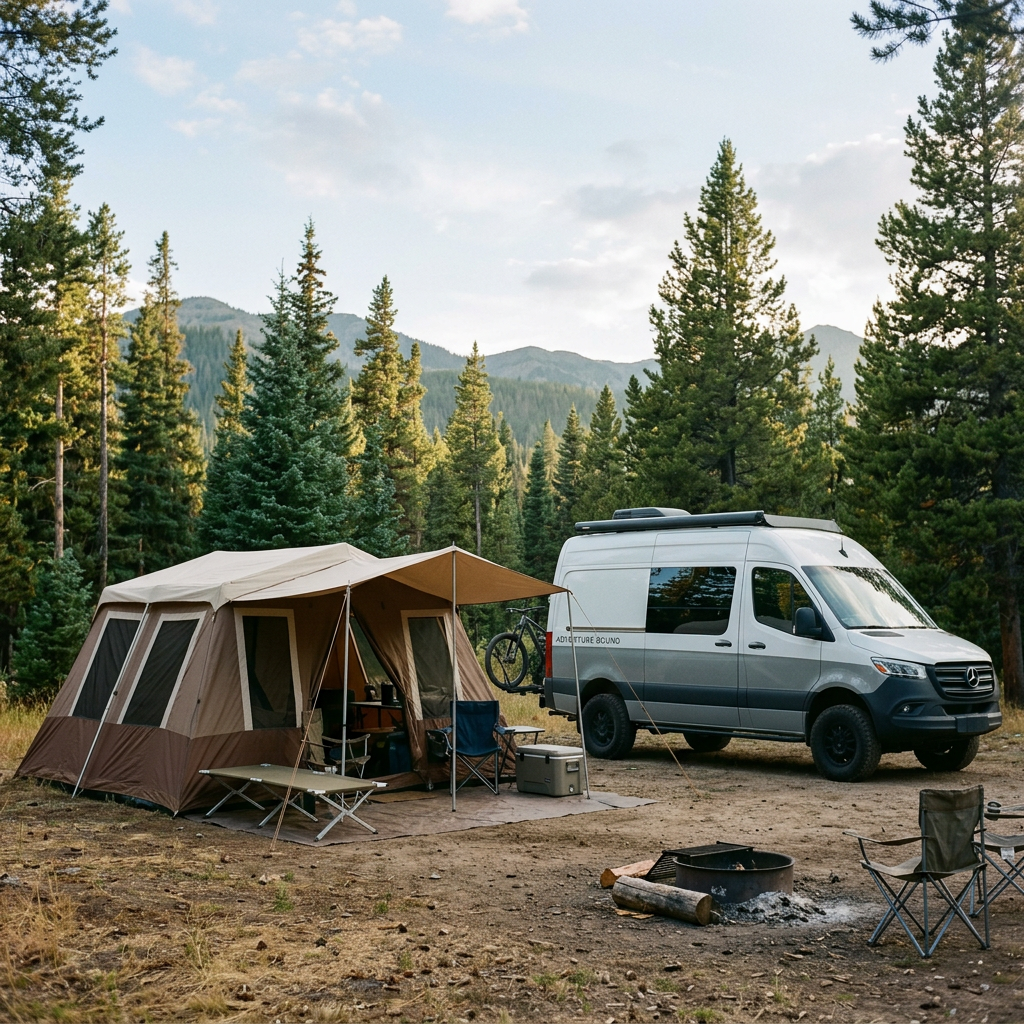 Campsite with tan tent, chairs, fire pit, and white adventure van in forest