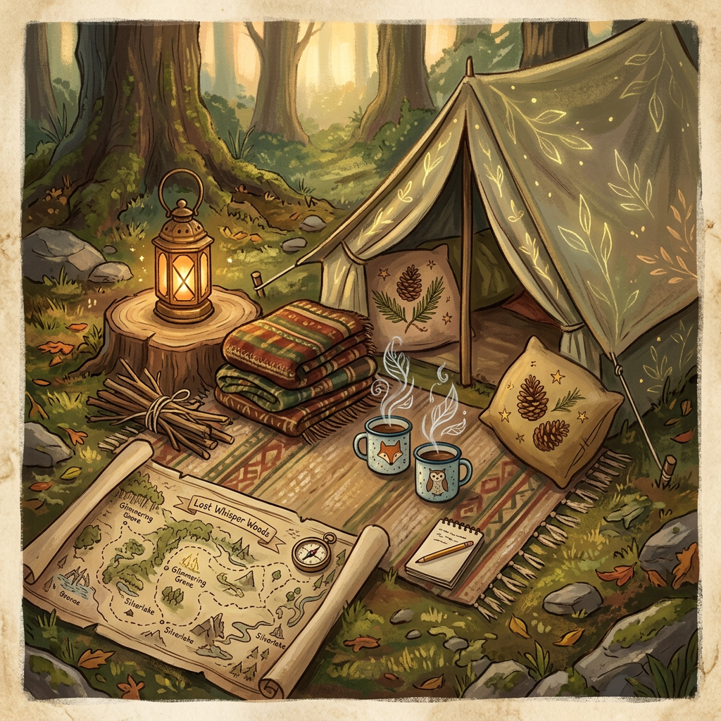 Illustrated forest campsite with tent, lantern, blankets, steaming mugs, and a Lost Whisper Woods map