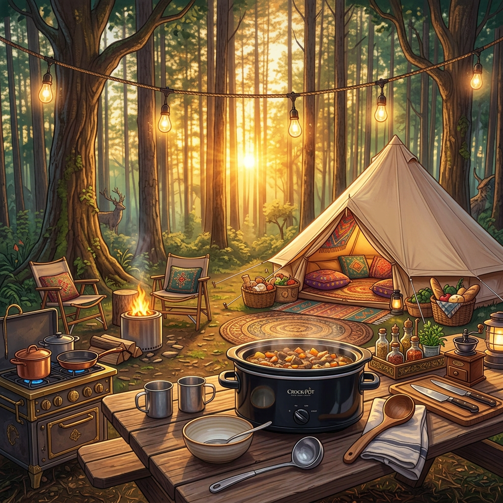 Forest campsite with tent, string lights, campfire, and cooking pot